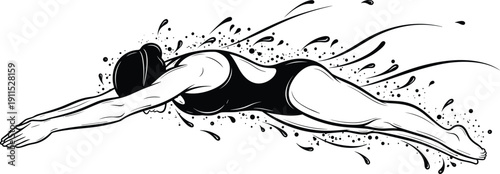 Swimming girl vector illustration, female swimmer in swimsuit diving into water, professional athlete splashing liquid, hand drawn black and white artistic sports design