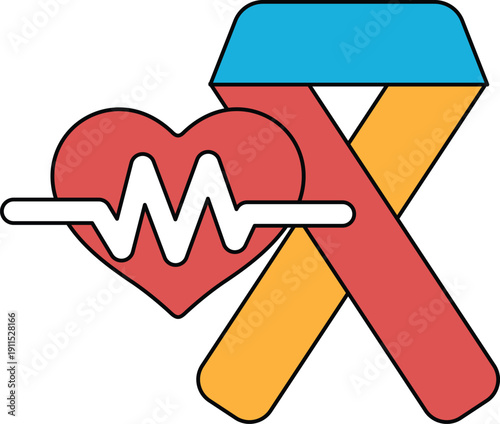 A heart and a ribbon are drawn on a white background