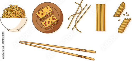 Pasta and noodles collection isolated. Italian and Asian food set. Flat illustration of spaghetti bowl, lasagna slices, dry pasta and chopsticks.