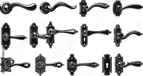 Vintage door handle silhouette collection featuring classic ornate knobs, lever handles and decorative hardware designs isolated on white