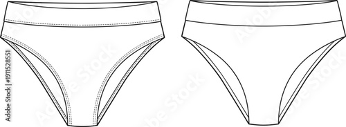 Bikini underwear technical drawing vector set, seam-detailed and simplified front views