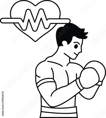 A man is boxing with a heart on the wall behind him