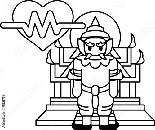 A cartoon character is standing in front of a building with a heart on the wall