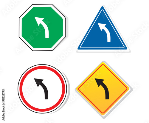 Draw collection of turn left only warning sign board vector illustration object isolated on white background