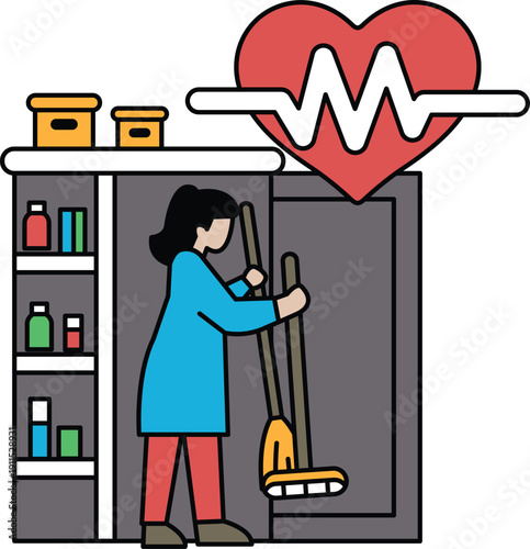 A woman is cleaning a room with a mop