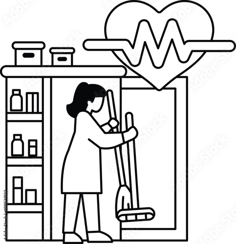 A woman is cleaning a room with a mop