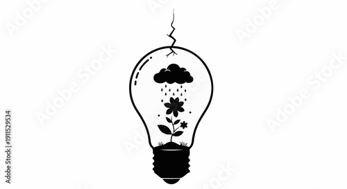 Clever idea for nature conservation, with a plant growing inside a lightbulb under a rain cloud.