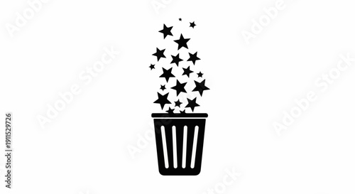 Stars bursting from a trash can, symbolizing creativity or discarding ideas.