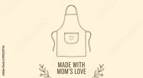 Vector illustration of a beige apron with heart pocket and 'MADE WITH MOM'S LOVE' text on cream background