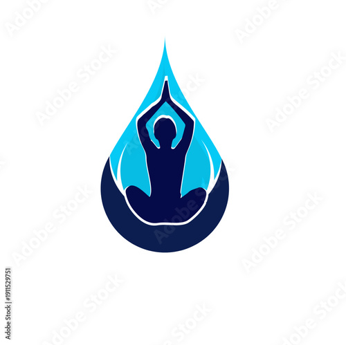 Minimalist yoga meditation logo with human silhouette inside a water drop for wellness and zen branding.
