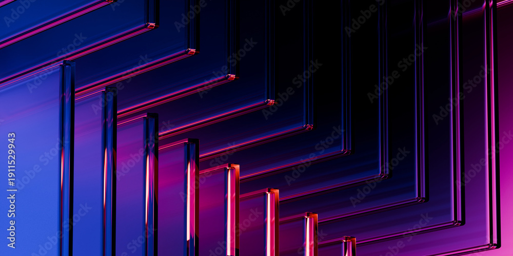 Fototapeta premium Cyberfuturistic transparent glass plane elements and liquid acrylic red purple blue glow on black backdrop cinematic tech background design cover art visuals 3d rendering
