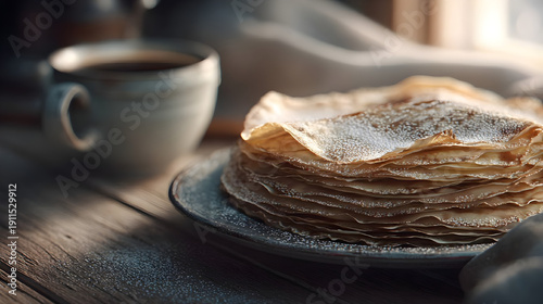 A cozy food photography style illustration of thin golden crepes stacked on a ceramic plate, dusted with powdered sugar, placed on a rustic wooden table, with a white cup of black coffee 