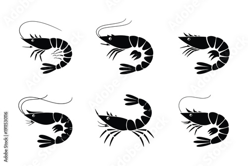 Six Black Silhouette Shrimp on White Background