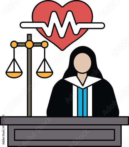 A woman in a black robe sits at a desk with a scale and a heart