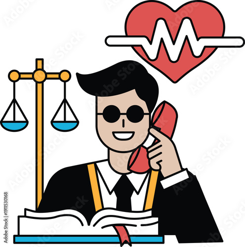 A man in a suit is talking on a cell phone while sitting at a desk with a book