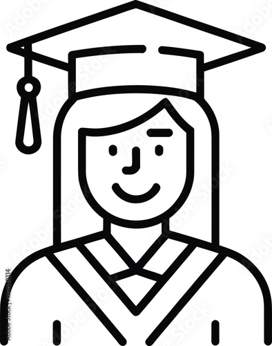 A simple black and white line drawing depicts a smiling graduate wearing a cap and gown