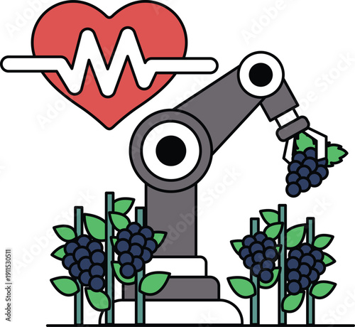 A robot is picking grapes from a vineyard