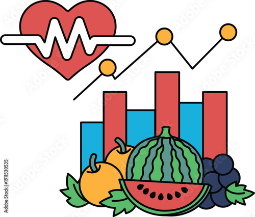 A drawing of a heart and a bunch of fruits and vegetables