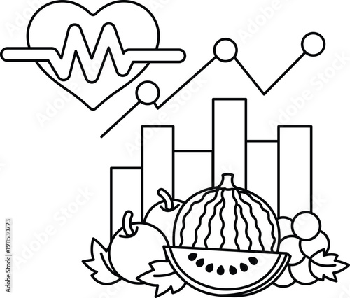 A drawing of a heart and a bunch of fruits and vegetables