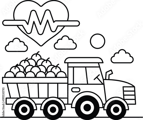 A black and white drawing of a truck carrying apples