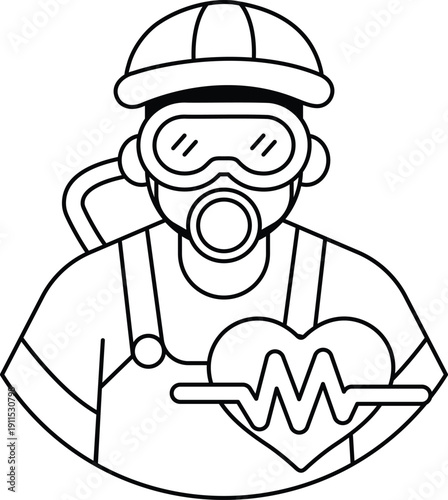 A man in a hard hat is wearing a gas mask and holding a heart