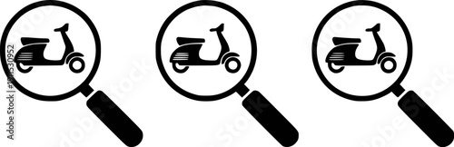 Three Magnifying Glasses Focusing on Scooters, Representing Search and Discovery