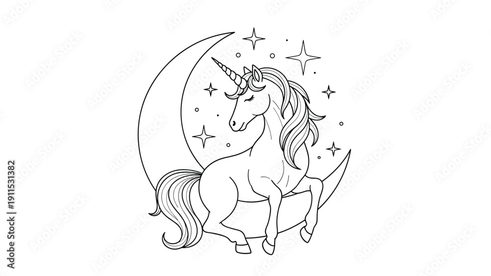 Naklejka premium Delicate line art illustration of a magical unicorn sitting on a crescent moon surrounded by twinkling stars on white background.