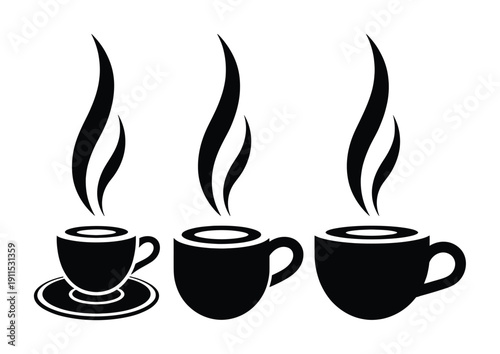 Three steaming coffee cups in black and white silhouette