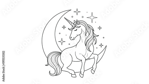 Delicate line art illustration of a magical unicorn sitting on a crescent moon surrounded by twinkling stars on white background.