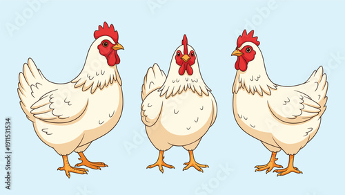 Three white chickens with red combs and wattles in different poses standing on a light blue background for farm concept.