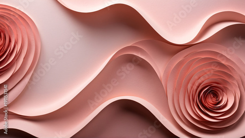 Abstract 3D paper cut background with soft old rose pink wavy layers. Elegant beauty and feminine concept with fluid topographic texture.