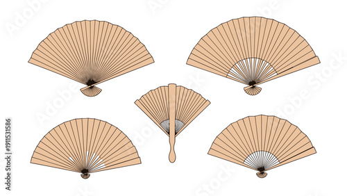 Collection of five traditional beige folding hand fans in various open positions isolated on white background for design.