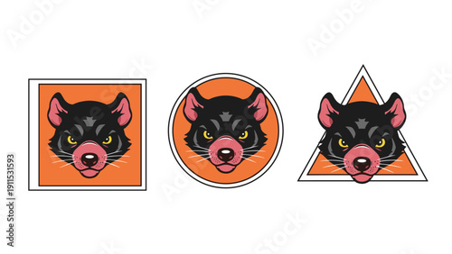 Three logo designs featuring a fierce Tasmanian devil head inside square circular and triangular orange frames on white background.