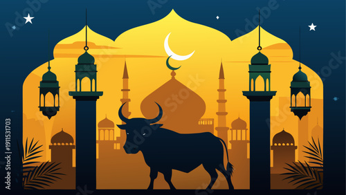 A majestic elephant standing under an ornate archway at night