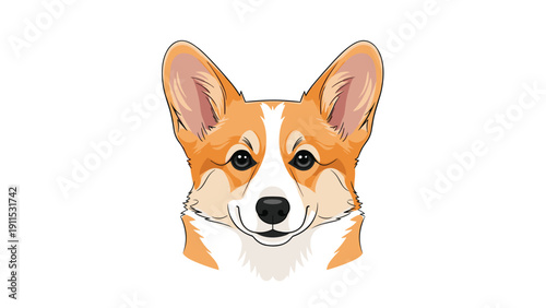 Close up portrait of a cute Pembroke Welsh Corgi dog head with large ears and a friendly expression isolated on white background.