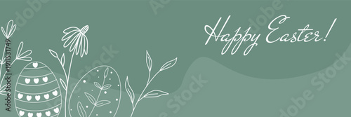 Festive Easter greeting banner. Happy Easter. Horizontal template with eggs, flowers, herbs, and text. Vector graphics