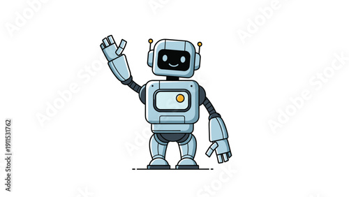 Friendly blue robot with a square body and large black screen eyes waves its hand cheerfully in a simple cartoon style illustration.