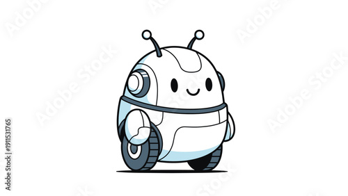Cute white spherical robot on wheels with small antennas and a smiling face stands against a plain white background in a vector style.