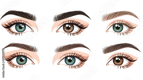 Set of six pairs of feminine eyes featuring different iris colors, eyebrow shapes, and eyeliner styles in a detailed illustration.