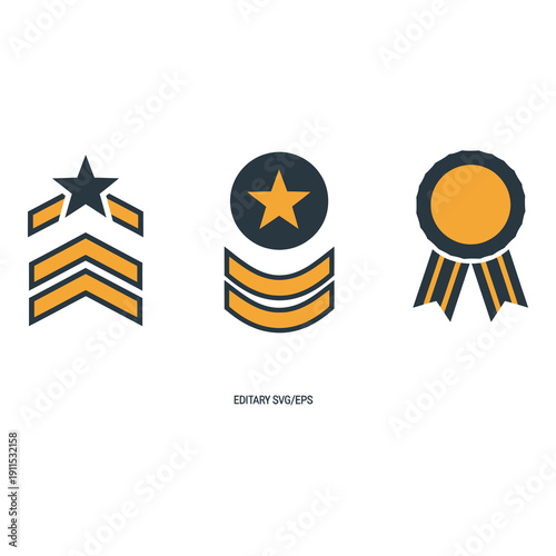 Military rank badges and award symbols in yellow and gray  military insignia icons icon