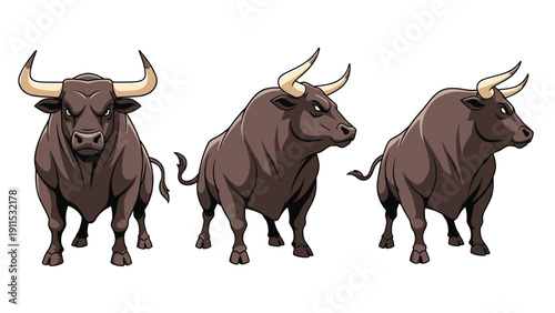 Powerful dark brown bull with large pointed horns shown in three different perspectives emphasizing its strength and muscle.
