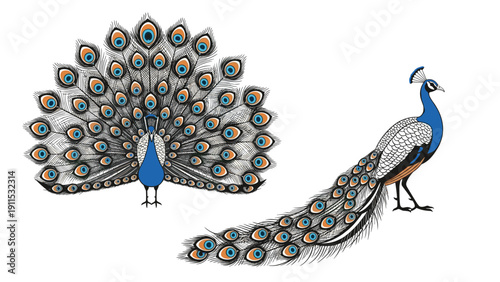 Two elegant peacocks shown in different poses with one bird spreading its magnificent tail feathers and the other standing in profile.