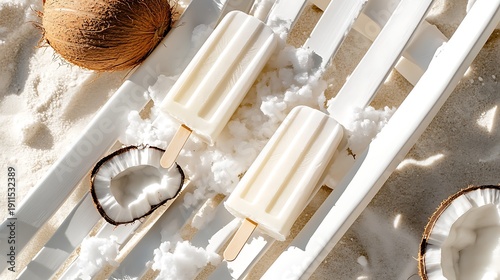 Refreshing Snow popsicles on a white beach lounger with coconut slices