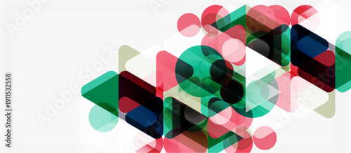 Abstract geometric shapes overlap, creating vibrant color patterns. Soft pinks, greens, blues blend seamlessly on white background.