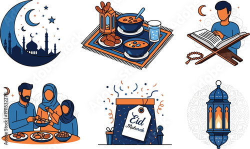 Ramadan crescent mosque illustration, iftar meal setup with dates, Quran reading devotion artwork, Eid Mubarak gift box, family dining celebration, festive lantern decor