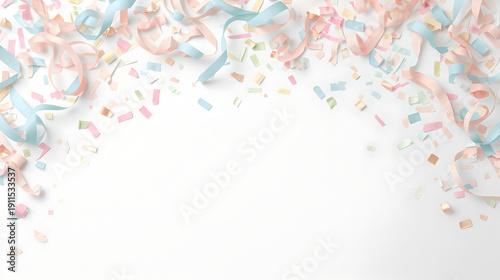 Pastel confetti and curving ribbons framing celebration background