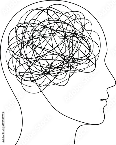 Overwhelmed woman with chaotic thoughts in her mind