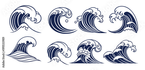  set of japanese sea waves illustration 