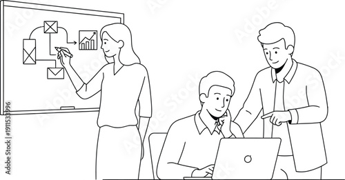 Business team collaborating on project with laptop and whiteboard