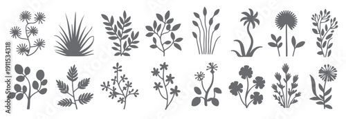  sixteen gray silhouette botanical illustrations featuring